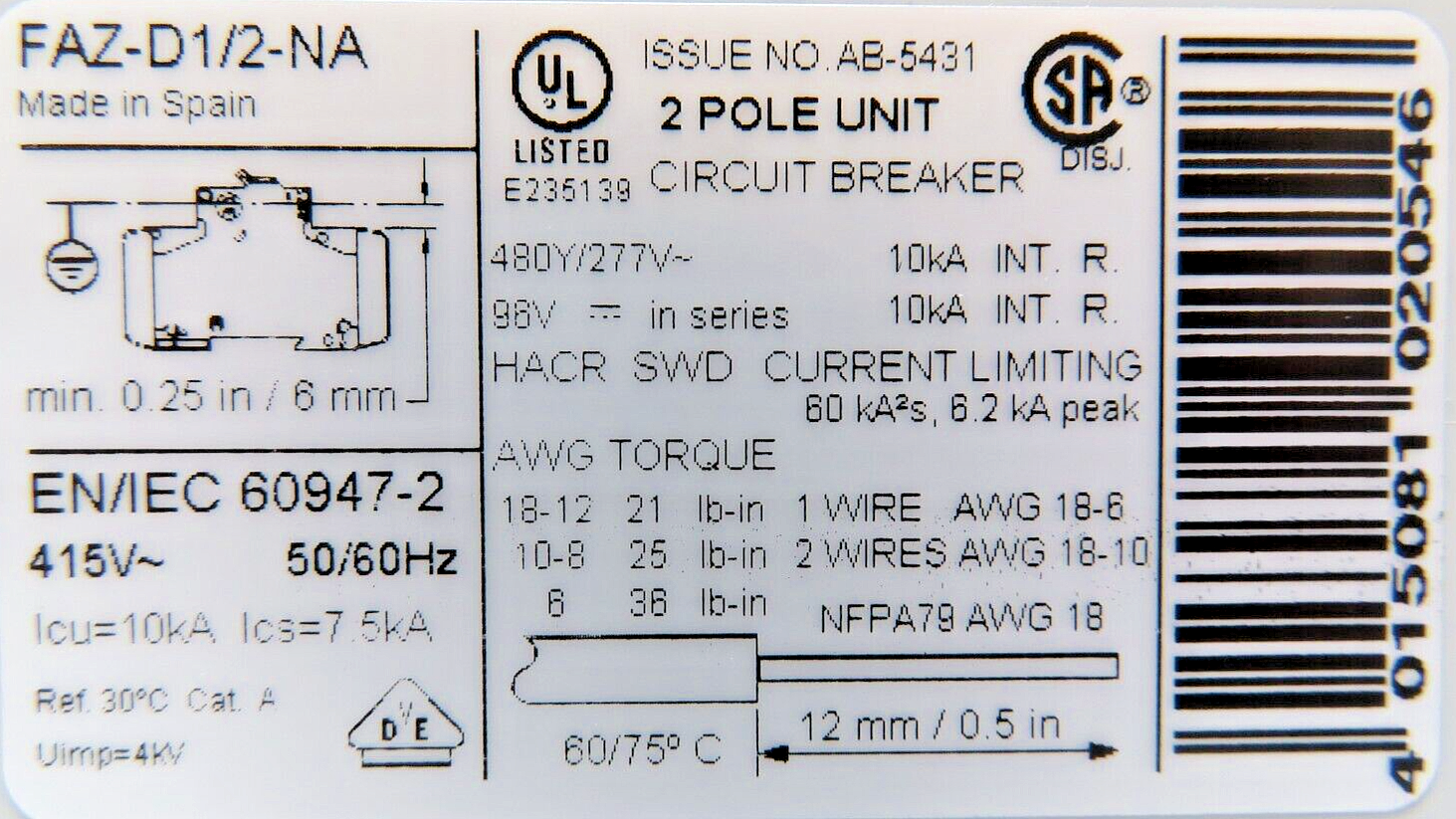 Eaton Moeller FAZ-D1/2-NA Xpole Circuit Breaker 1A 2-Pole D-Curve